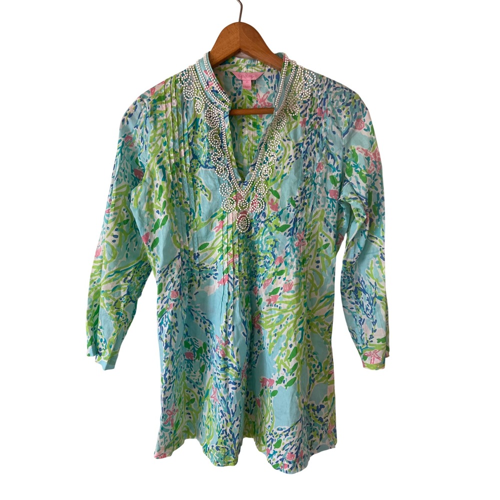 Lilly‎ Pulitzer Sarasota Tunic XS Blue Green Floral Beaded Pintuck Cotton Top